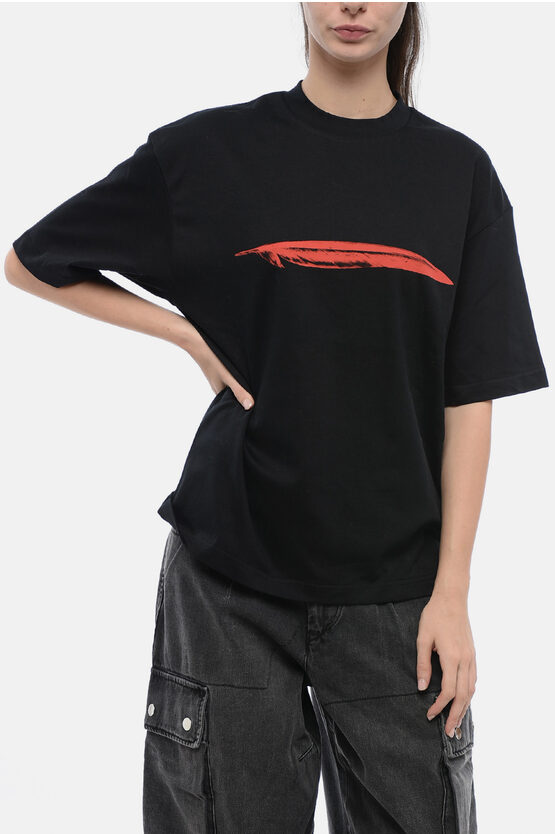 Shop Ann Demeulemeester Crew Neck Feather Cotton T-shirt