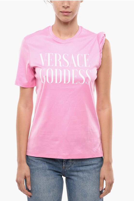 Versace Crew Neck Goddess Cotton T-shirt With Gathered Sleeve In Pink