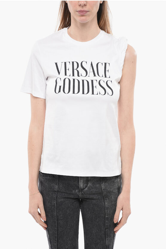 Shop Versace Crew Neck Goddess Cotton T-shirt With Gathered Sleeve