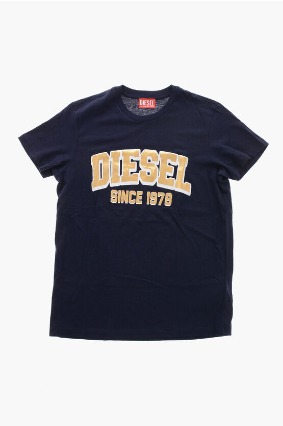 Diesel Kids' Crew Neck Gof T-shirt With Lamè Print In Blue