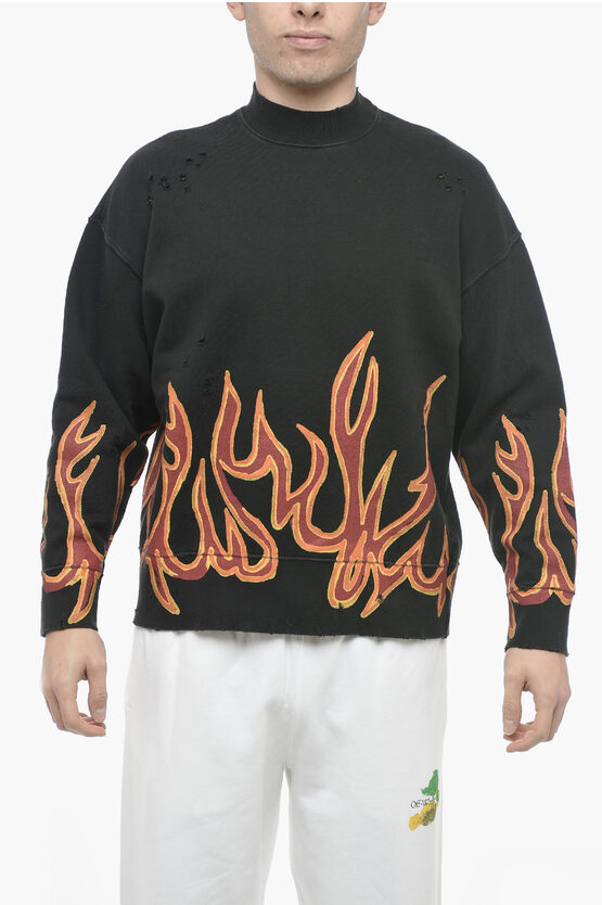 Palm Angels Crew Neck Graffiti Flames Lived-in Sweatshirt In Black