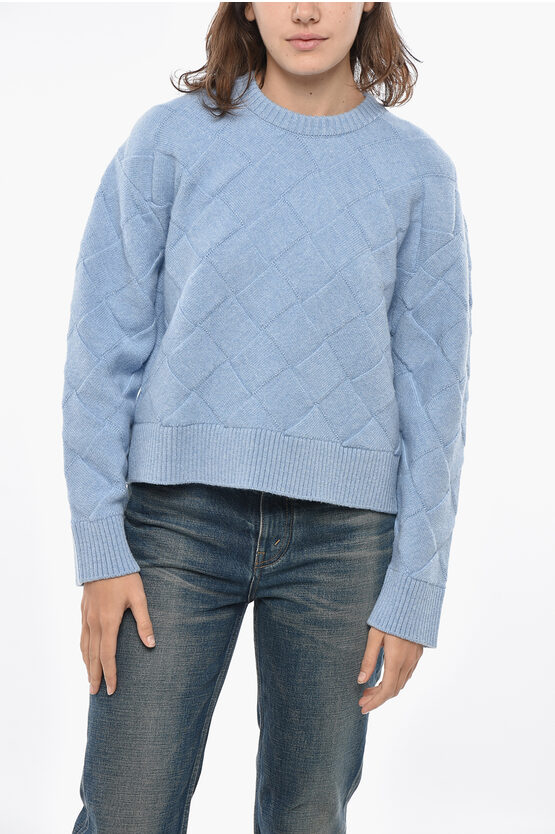 Bottega Veneta Crew Neck Intreccio Wool Blend Sweater In Blue