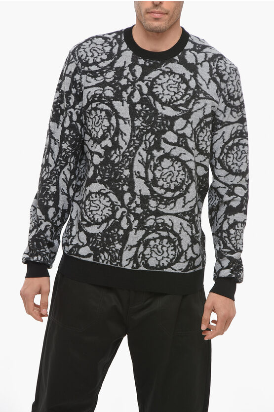 Versace Crew Neck Jacquard Cotton Blend Jumper With Contrasting Edg In Black