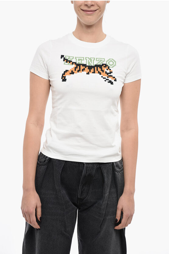 Shop Kenzo Crew Neck  Pixel Cotton T-shirt