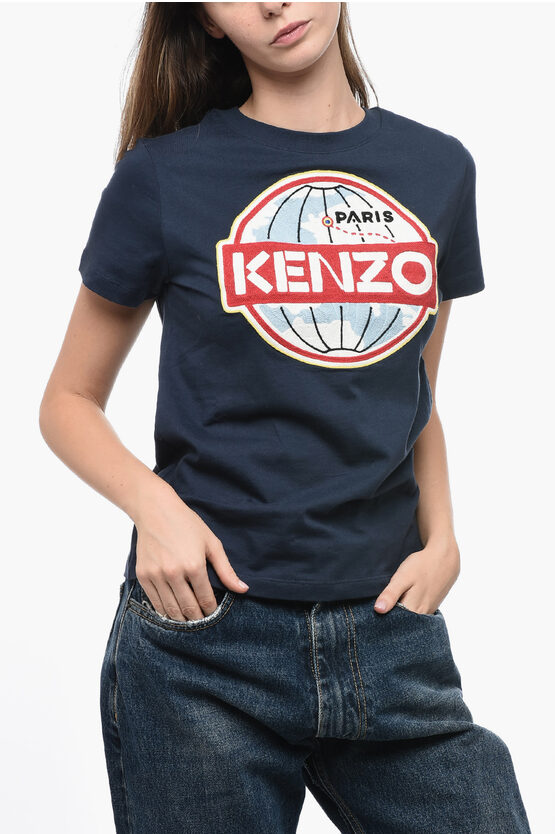 Shop Kenzo Crew Neck Le Monde T-shirt With Front Embroidery