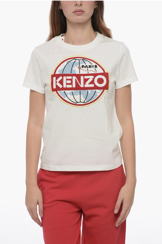 Shop Kenzo Crew Neck Le Monde T-shirt With Front Embroidery