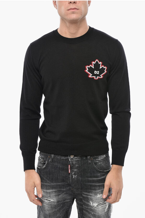 Dsquared2 Crew Neck Leaf Virgin Wool Sweater In Black
