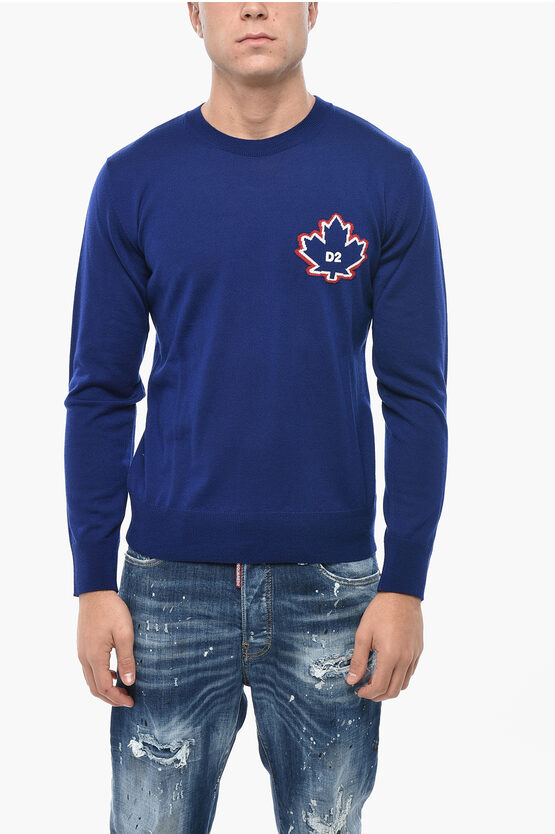 Dsquared2 Crew Neck Leaf Virgin Wool Sweater In Blue