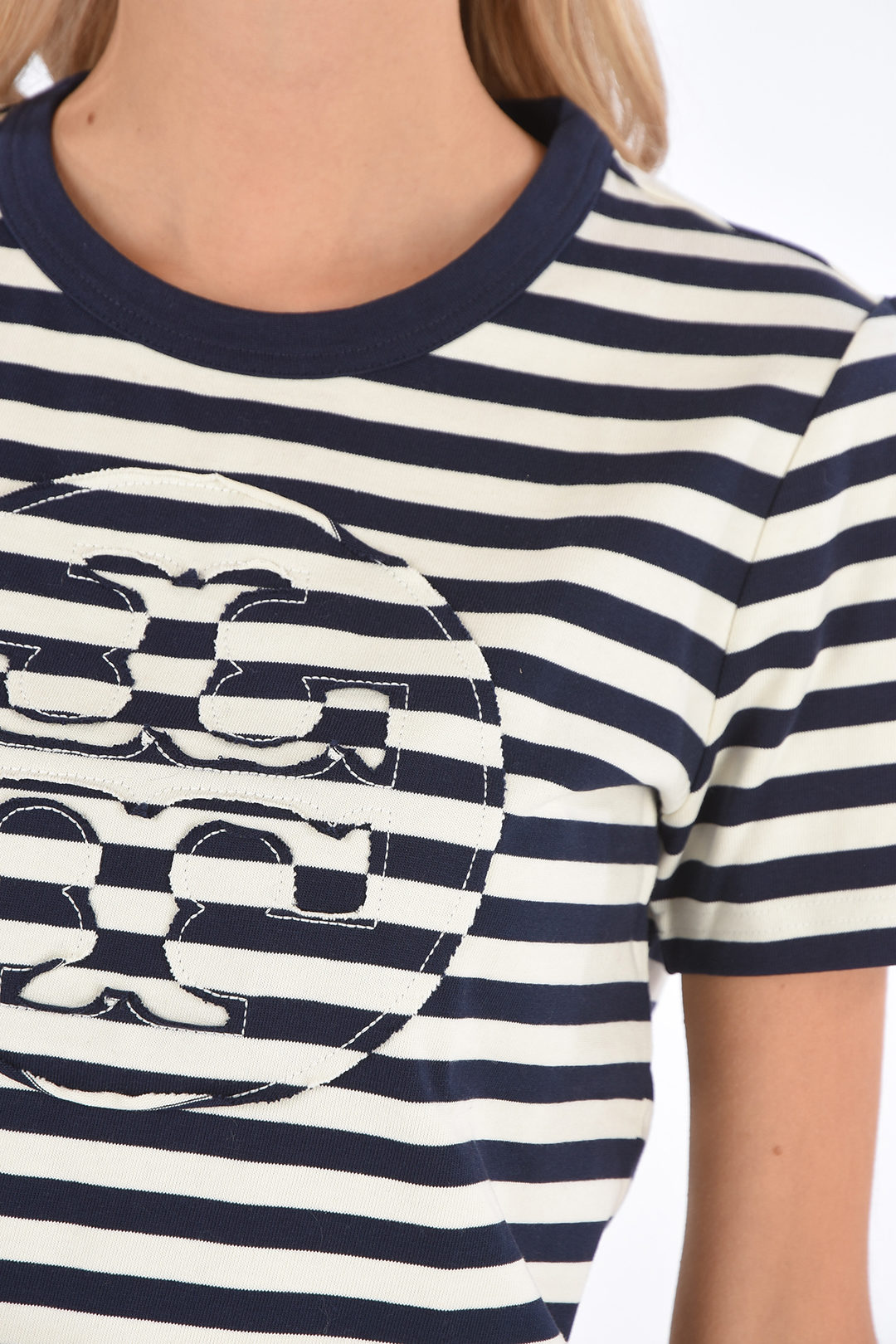 Tory Burch Crew Neck Logo Patch Striped T-Shirt women - Glamood Outlet