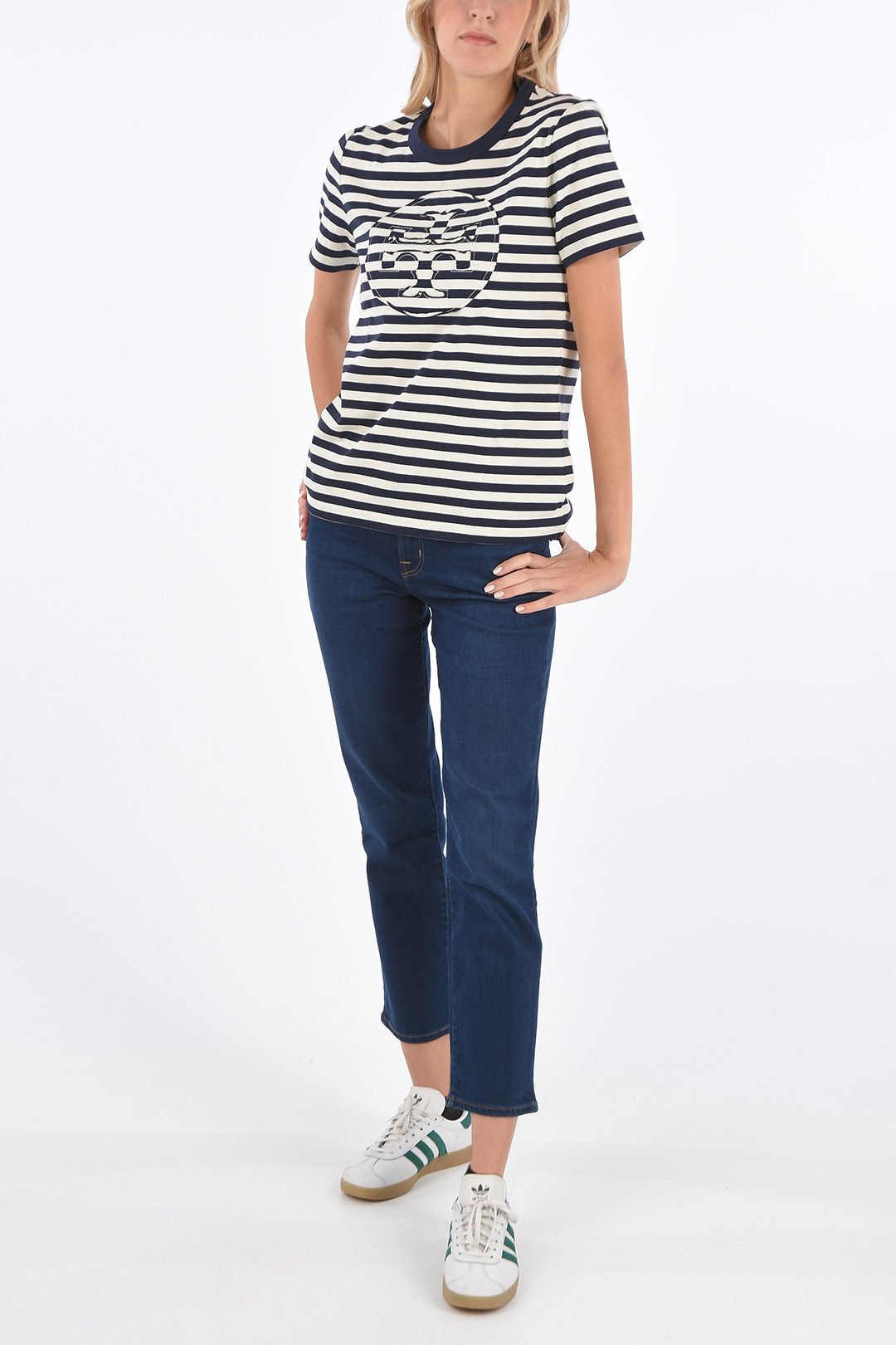 Tory Burch Crew Neck Logo Patch Striped T-Shirt women - Glamood Outlet