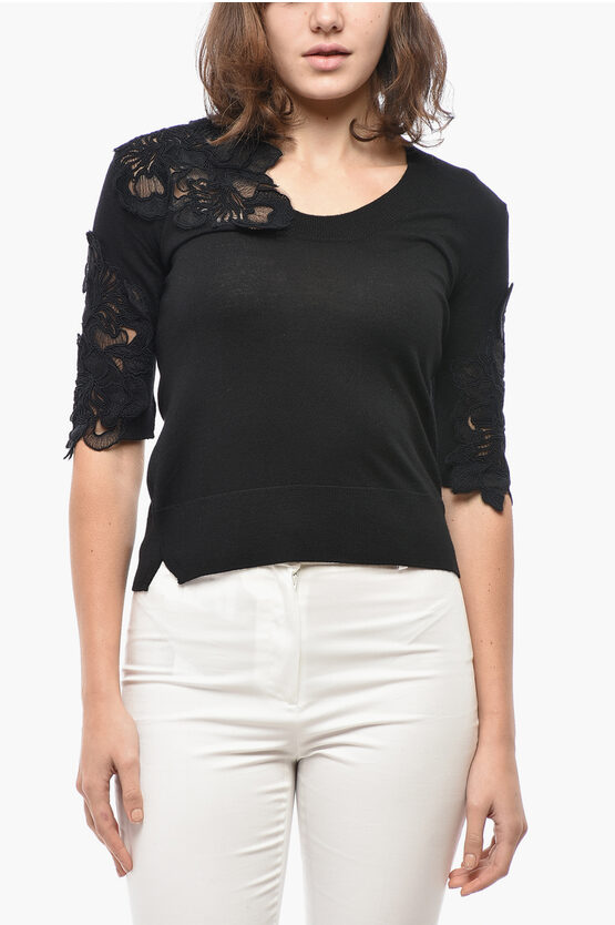Ermanno Scervino Crew Neck Merino Wool Sweater With Lace Details In Black