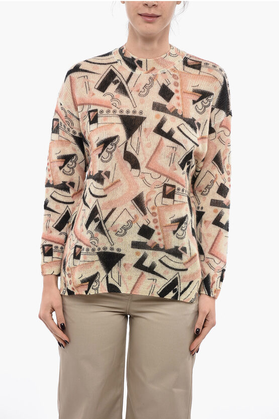 Fendi Crew Neck Mohair Blend Sweater With Abstract Motif In Brown