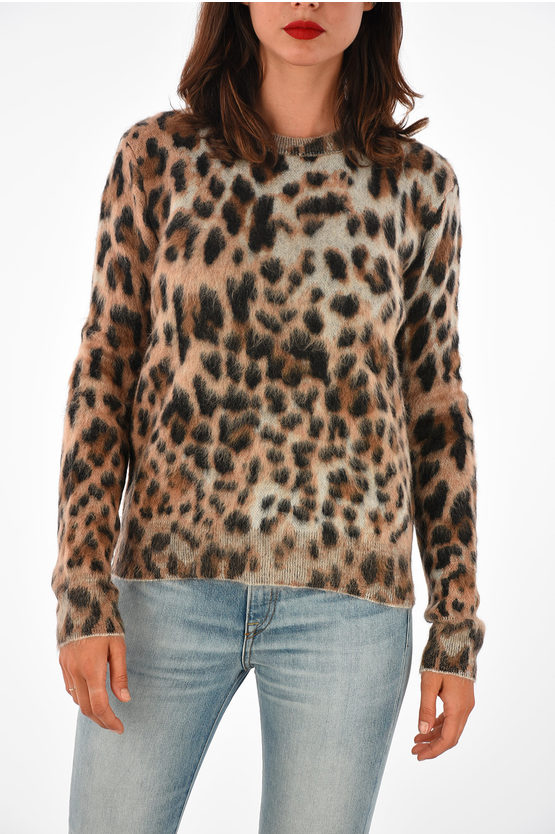 Shop Saint Laurent Crew Neck Mohair Blend Sweater With Animal Pattern