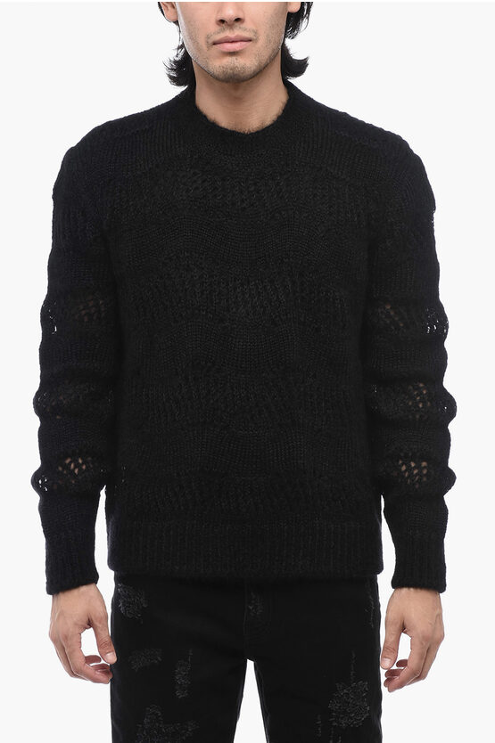 Shop Saint Laurent Crew Neck Openwork Mohair Blend Sweater