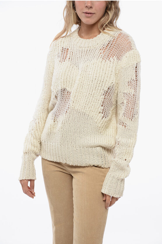 Shop Chloé Crew Neck Openwork Wool Blend Sweater With Lived-in Effect