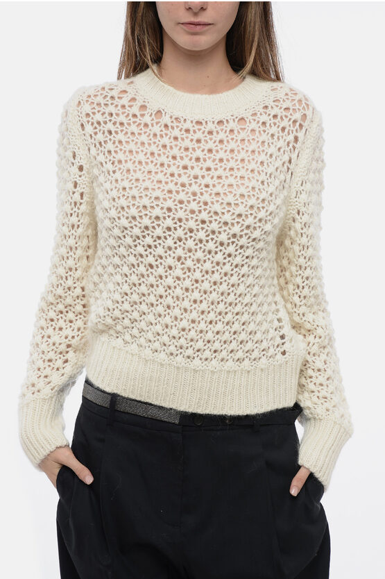 Shop Fabiana Filippi Crew Neck Openwork Wool Blend Sweater