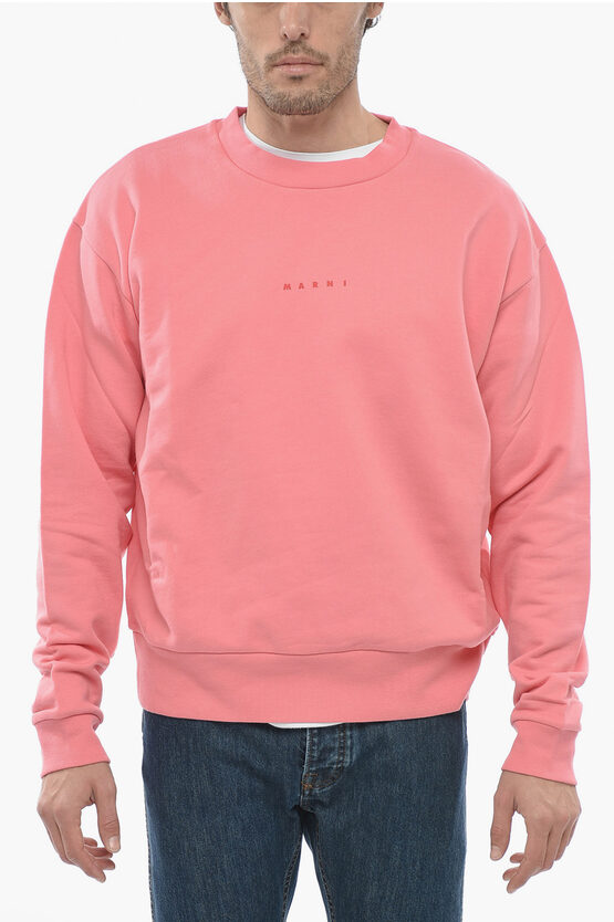 Marni Crew Neck Organic Cotton Sweatshirt With Printed Logo In Pink