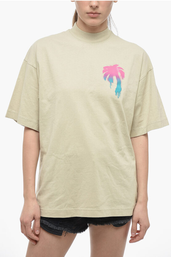 Palm Angels Crew-neck Oversized T-shirt With Back Maxi Print In Neutral