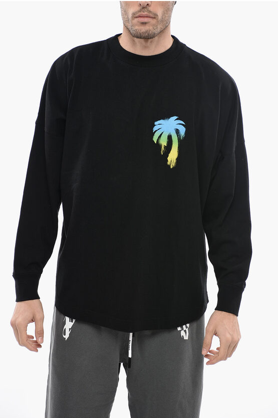 Palm Angels Crew-neck Oversized T-shirt With Sprayed Logo In Black