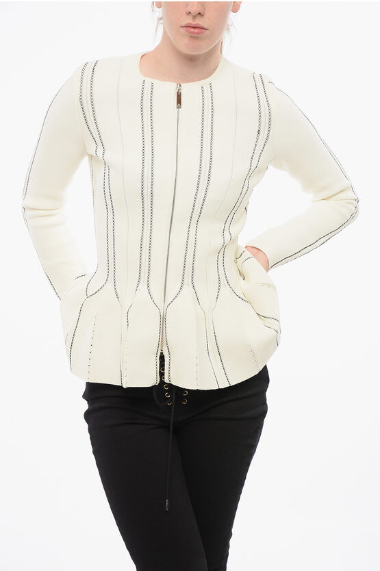 Elisabetta Franchi Crew Neck Peplo Sweater With Front Zip In White