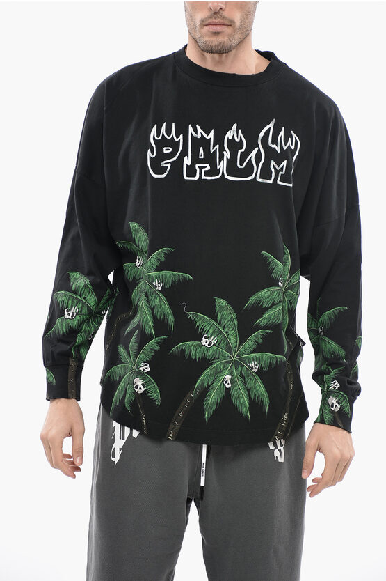 Palm Angels Crew-neck Plant-motif Oversized T-shirt In Black