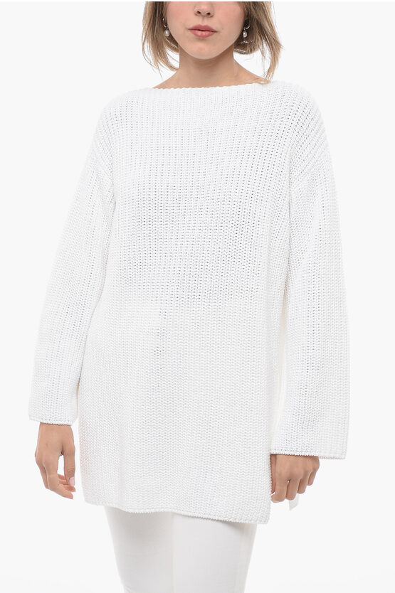 Shop Ferragamo Crew Neck Pure Cotton Sweater With Side Splits