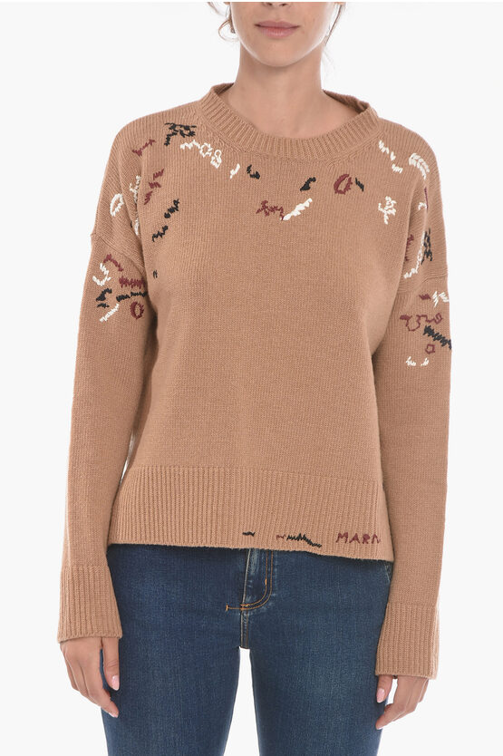 Shop Marni Crew Neck Random Mending Virgin Wool Pullover