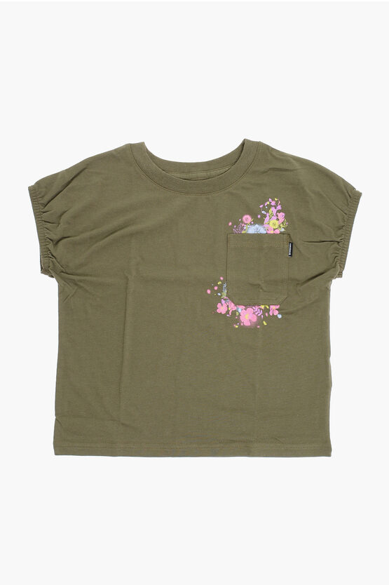 Converse Crew-neck Relaxed Boxy T-shirt With Breast Pocket And Flower In Green