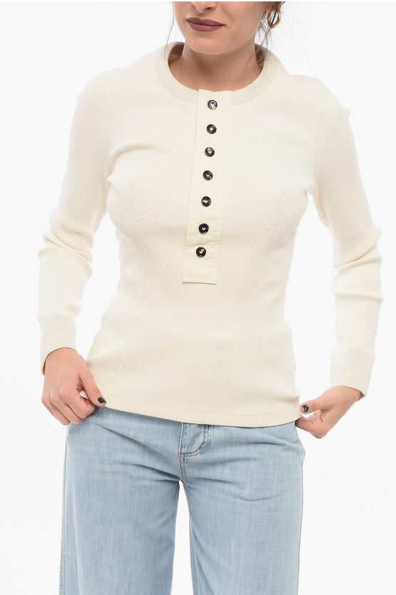 Bottega Veneta Crew Neck Ribbed Stretch Cotton Sweater With Buttons