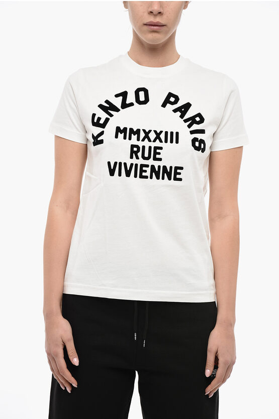 Kenzo Crew Neck Rue Vivienne T-shirt With Velour Print In White