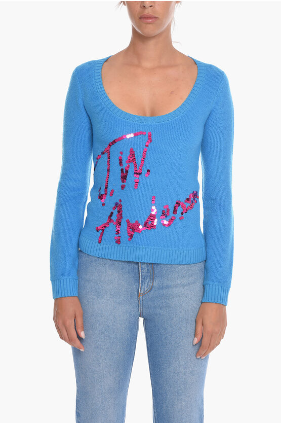 Jw Anderson Crew Neck Sequined Logo Sign Sweatshirt In Blue