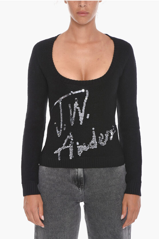 Jw Anderson Crew Neck Sequined Logo Sign Sweatshirt In Black