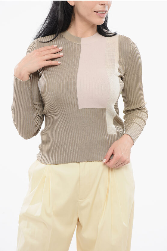 Fendi Crew Neck Silk Sweater With Color Block Motif