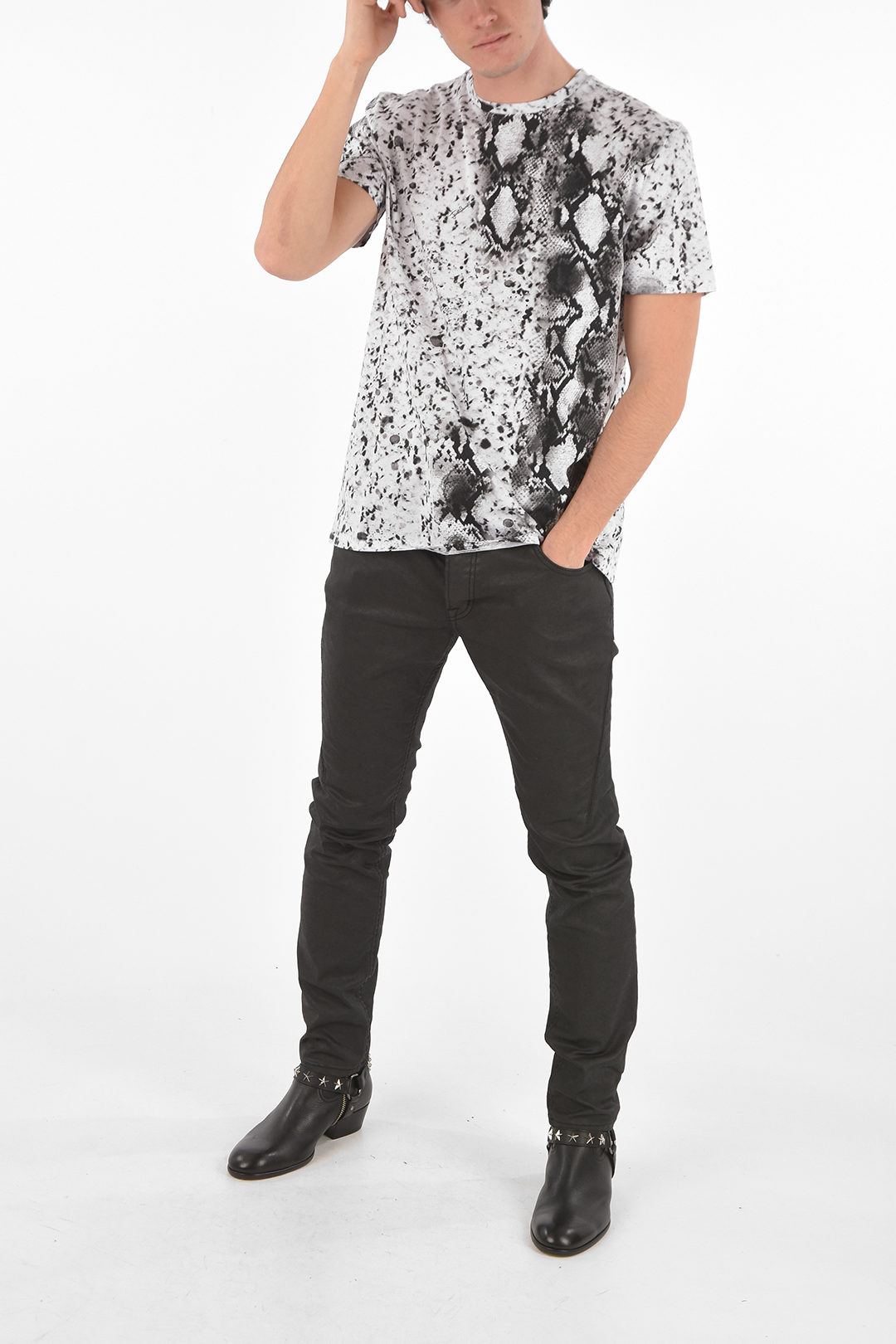 Just Cavalli Crew Neck Snake Printed Cotton T-Shirt men