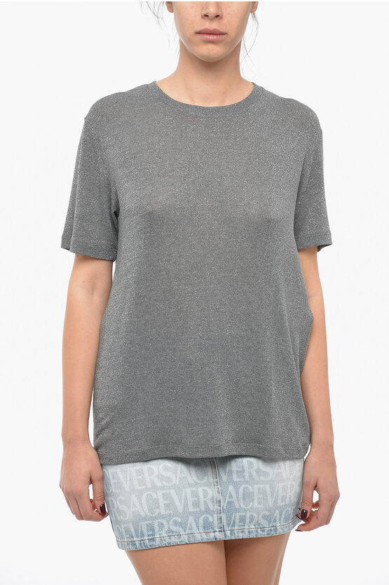 Saint Laurent Crew Neck Straight Fit Lurex T-shirt In Gray