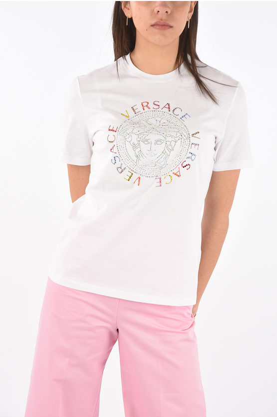 Shop Versace Crew Neck Strass Logo Cotton T-shirt