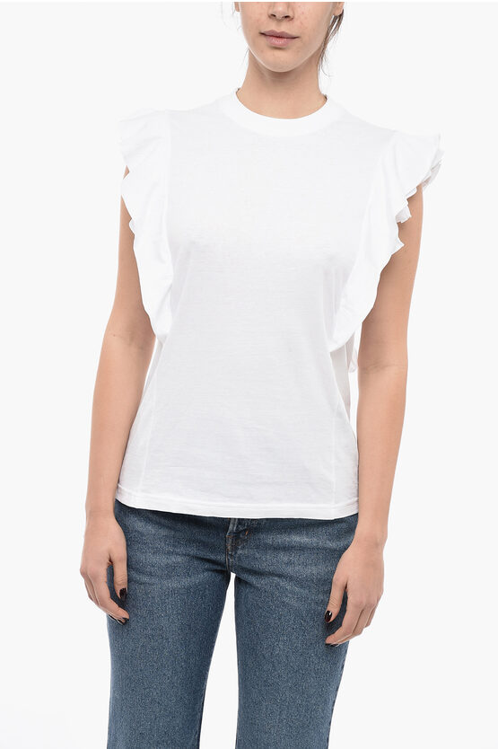 Shop Chloé Crew Neck Stretch Cotton T-shirt With Ruffled Sleeves