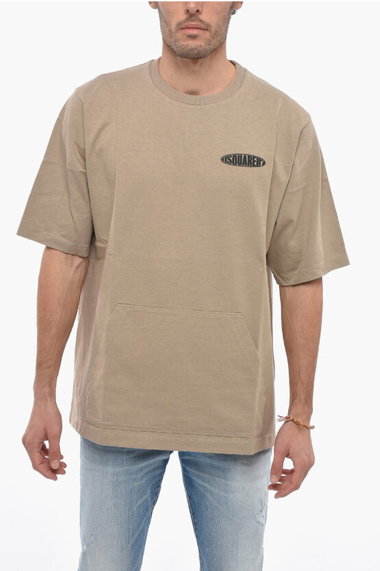 Dsquared2 Crew Neck Surf Board T-shirt With Embossed Logo And Maxipock In Brown