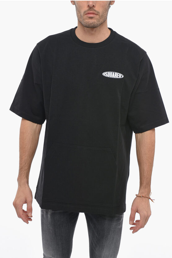 Dsquared2 Crew Neck Surf Board T-shirt With Embossed Logo In Black
