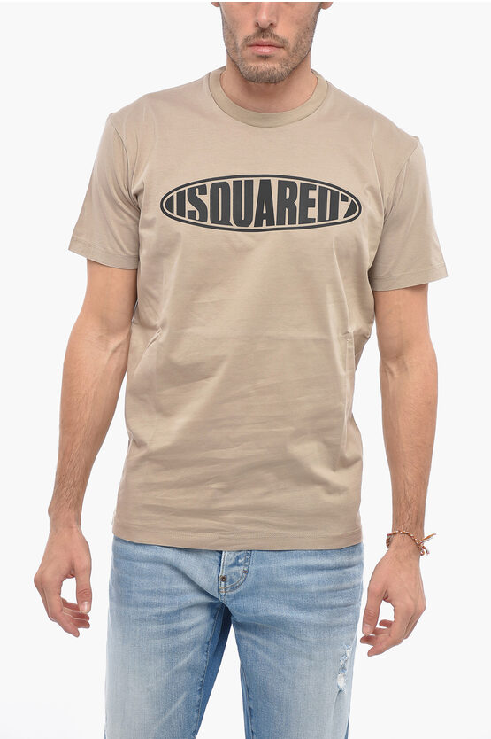 Dsquared2 Crew Neck Surf Board T-shirt With Embossed Logo In Neutral