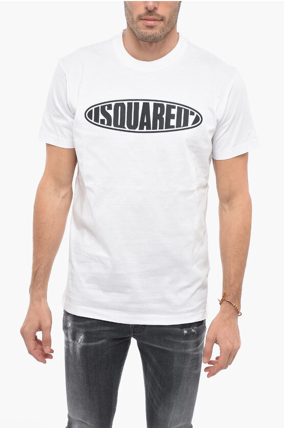 Dsquared2 Crew Neck Surf Board T-shirt With Embossed Logo In White