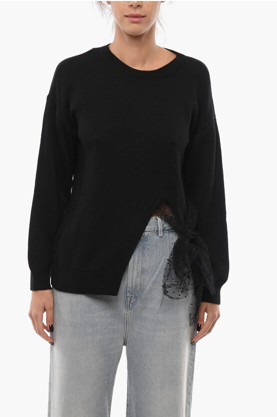 Red Valentino Crew-neck Sweater With Front Split And Point D'esprit Tulle In Black