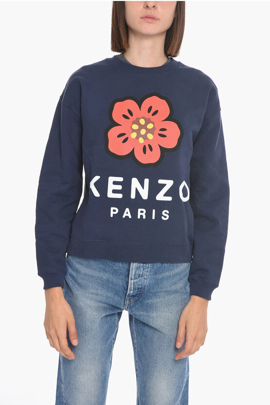 Kenzo Crew-neck Sweatshirt With Maxi Flower Frontal In Blue