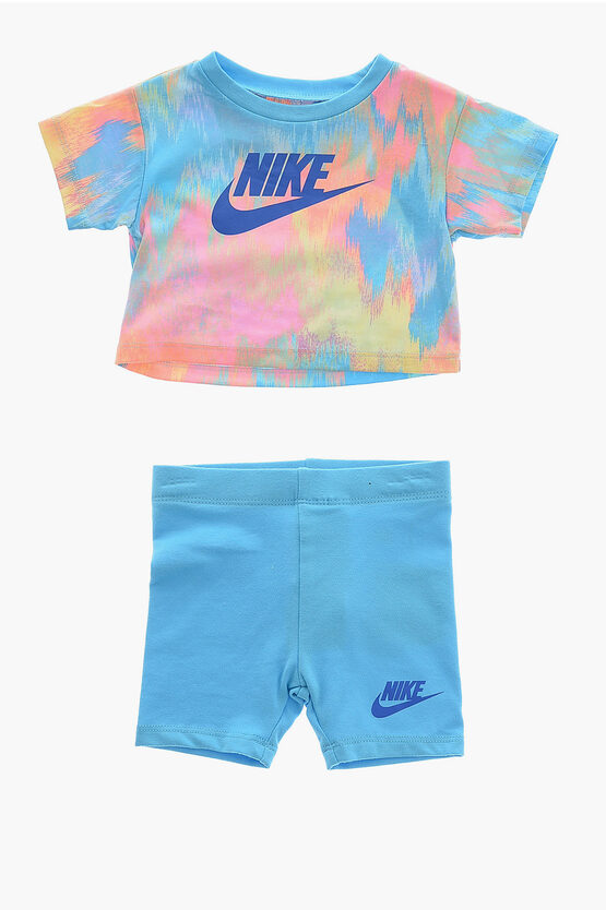 Nike Crew-neck T-shirt And Biker Shorts Set With Printed Logo In Blue