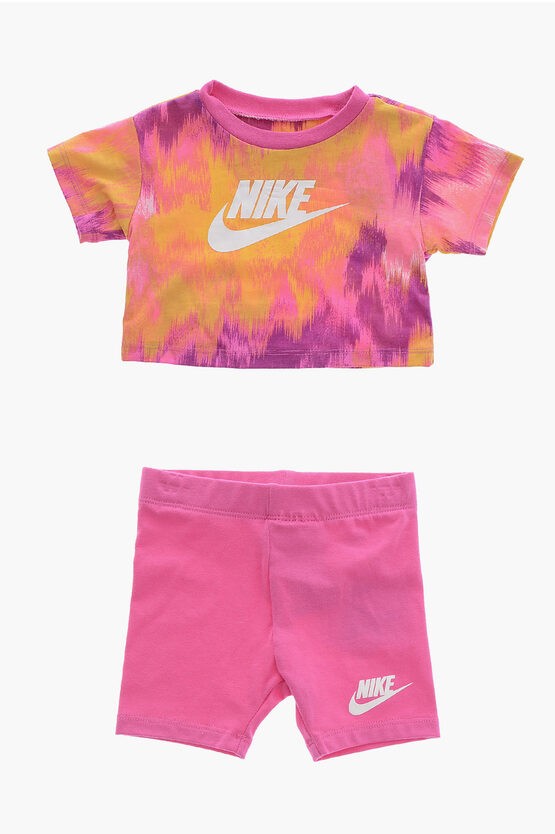 Nike Crew-neck T-shirt And Shorts Set With Printed Logo In Pink