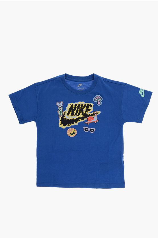 Crew-neck T-Shirt with Front Print and Patches