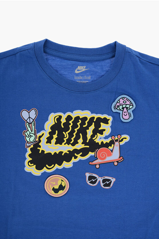 Crew-neck T-Shirt with Front Print and Patches