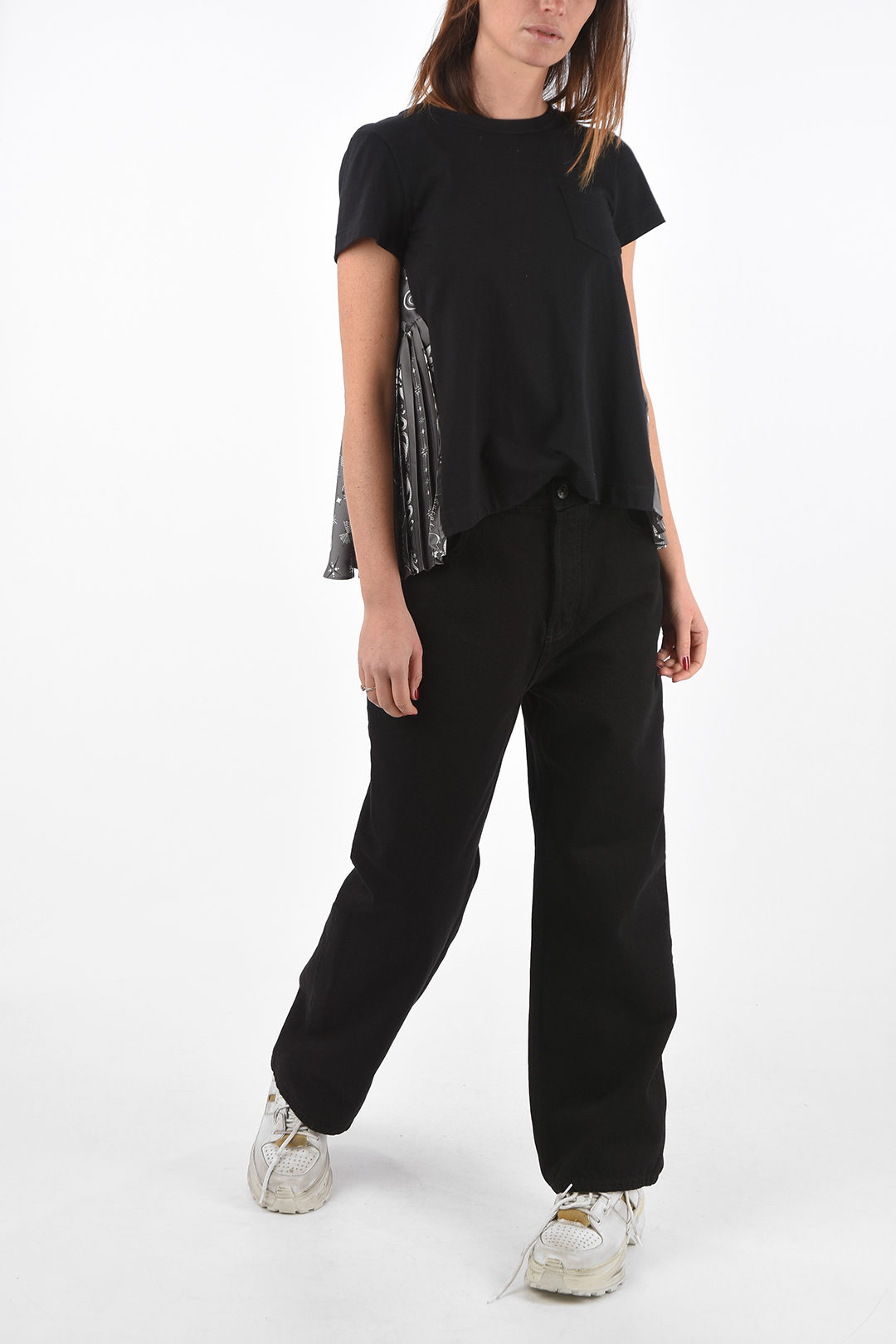 Sacai Crew Neck T-Shirt with Pleated Patterned Back Part