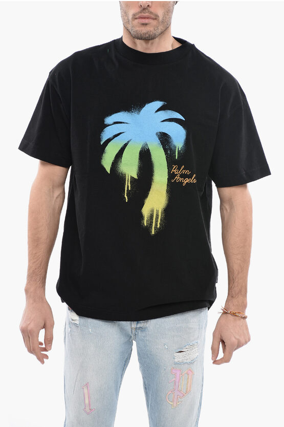 Palm Angels Crew-neck T-shirt With Spray Maxi Print In Black