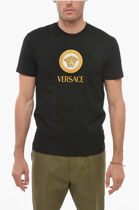 Versace Crew Neck Taylor Fit T-shirt With Embroidered Logo In Black